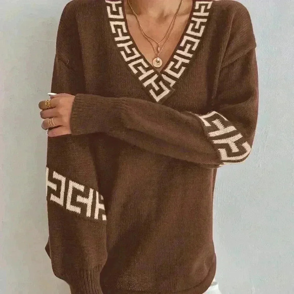 Multicolor Casual Women's V-Neck Drop Shoulder Loose Pullover Sweater - Picture 4 of 6